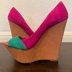 JESSICA SIMPSON ULTRA PLATFORM PUMPS PEEP TOE HEELS SANDALS PINK TEAL 8.5